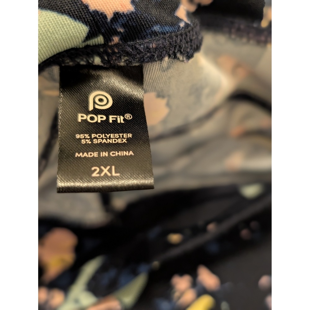 POP Fit Floral High Waisted Cropped Leggings Navy Pink Mint Green 2XL Pockets - Picture 2 of 3